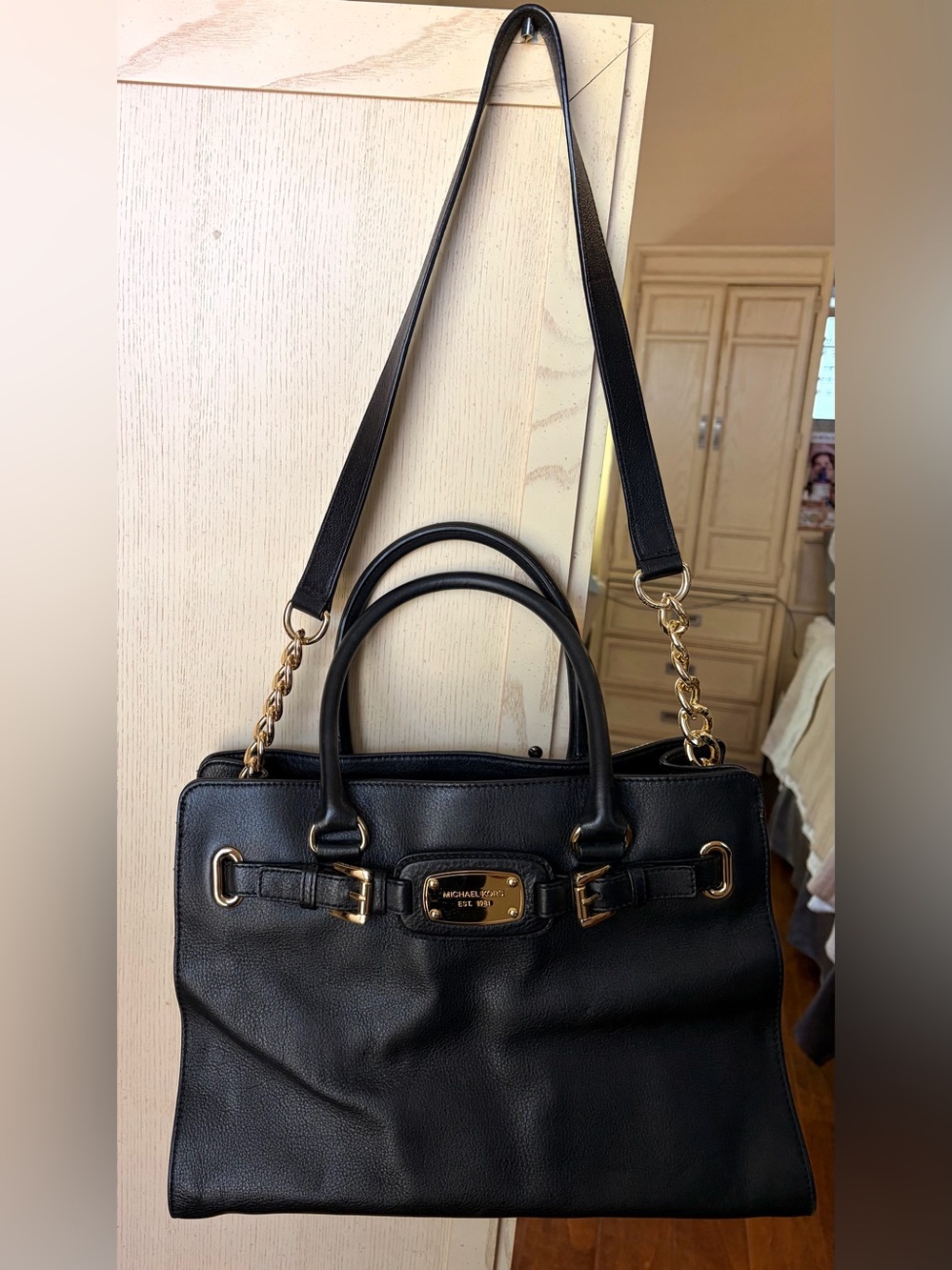 Michael Kors Black Leather Satchel with Gold Hardware
